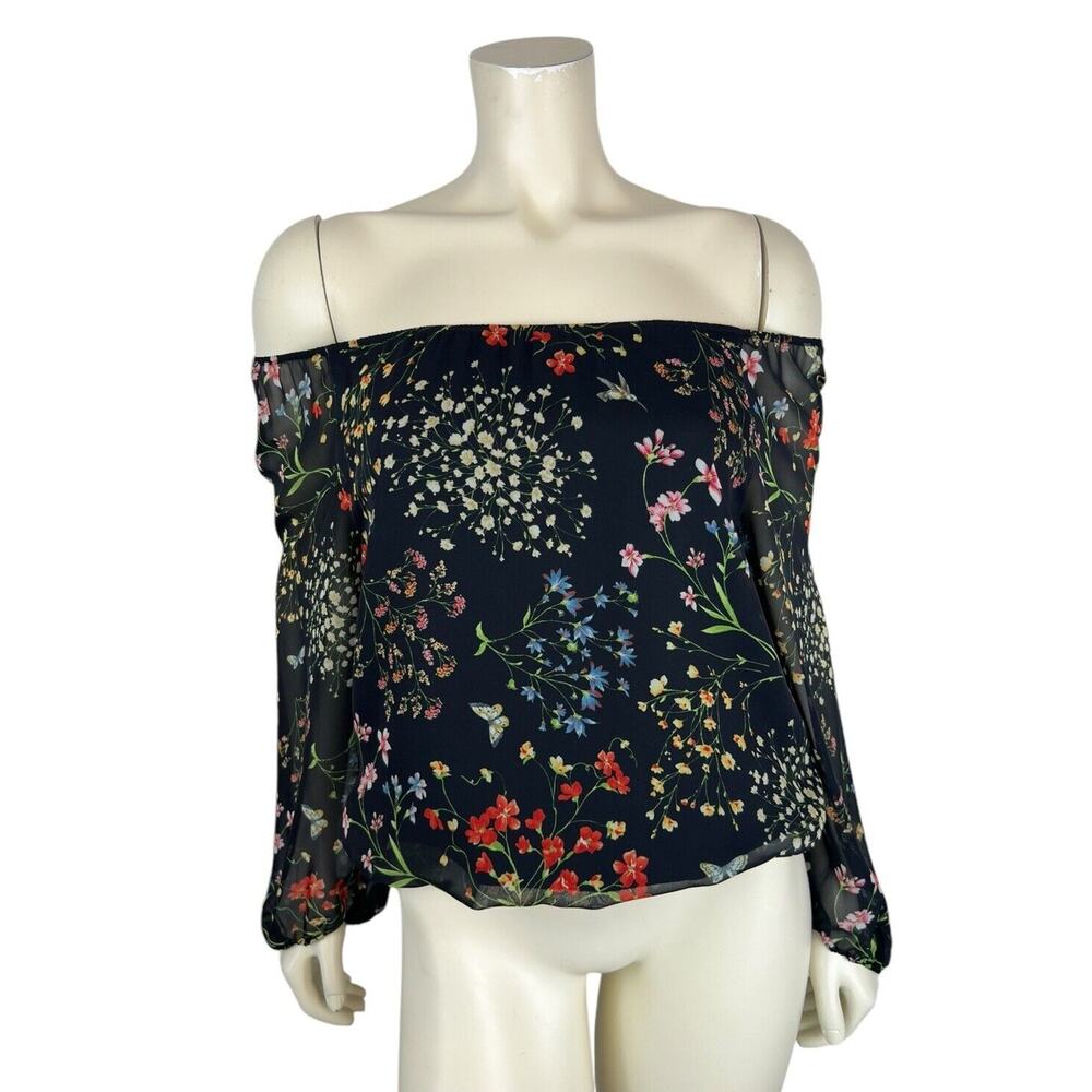 Alice & Olivia Floral Print Off the Shoulder Top Size XS Black Sheer Sleeve